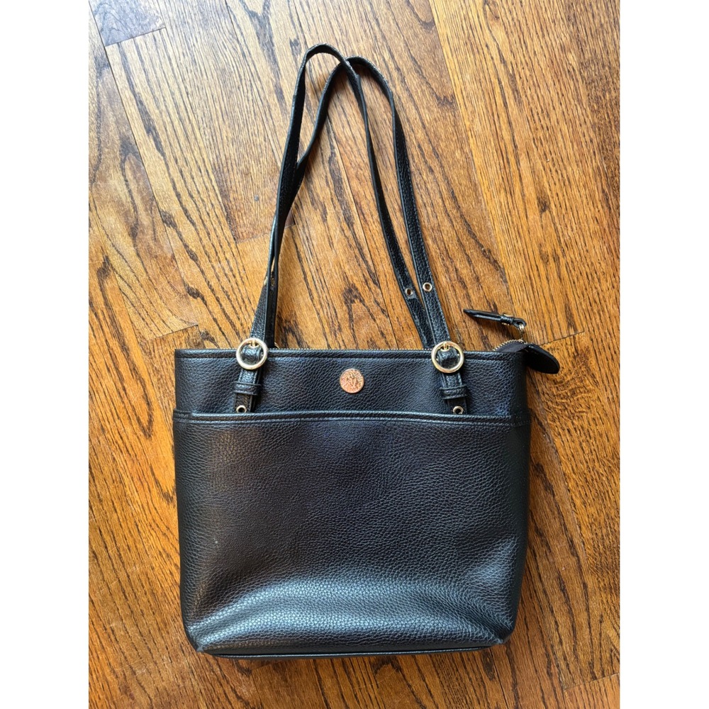 Anne Klein Black Pebbled Leather Tote Gold Hardware Work Office Shoulder Bag